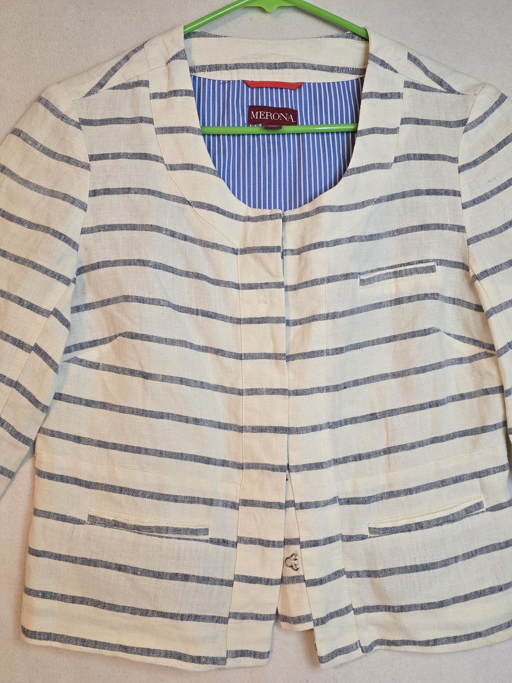 Merona Women's 100% Linen Cream & Navy Striped Jacket Size xs